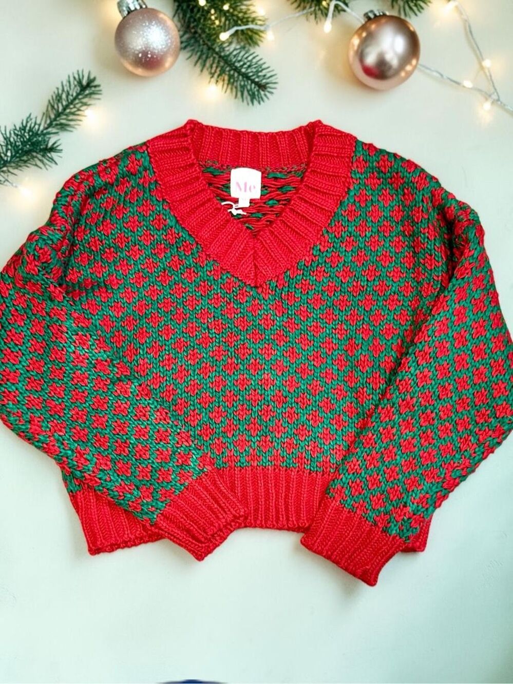 SO ME Christmas Sweater Red Green Oversized V Neck Chunky Knit Holiday NEW - Picture 7 of 11